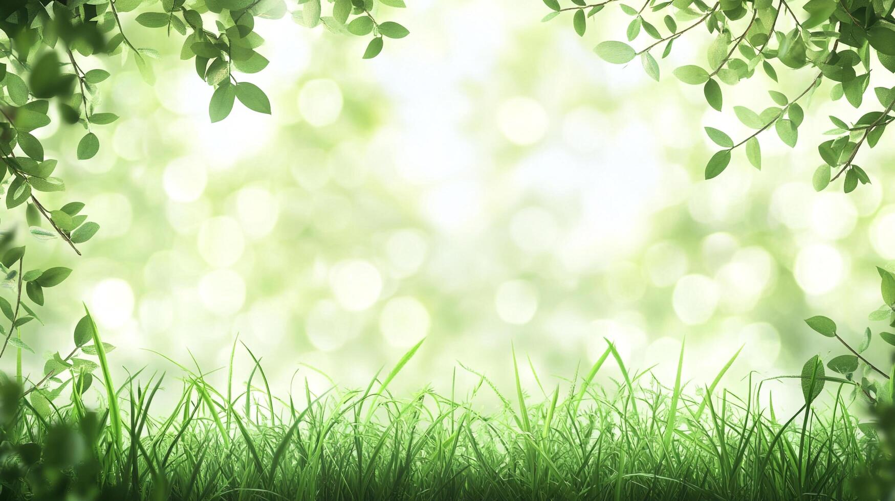 Lush green foliage and grass create a vibrant, bokeh-filled scene. A fresh, natural look evokes a sense of peace and well-being. photo
