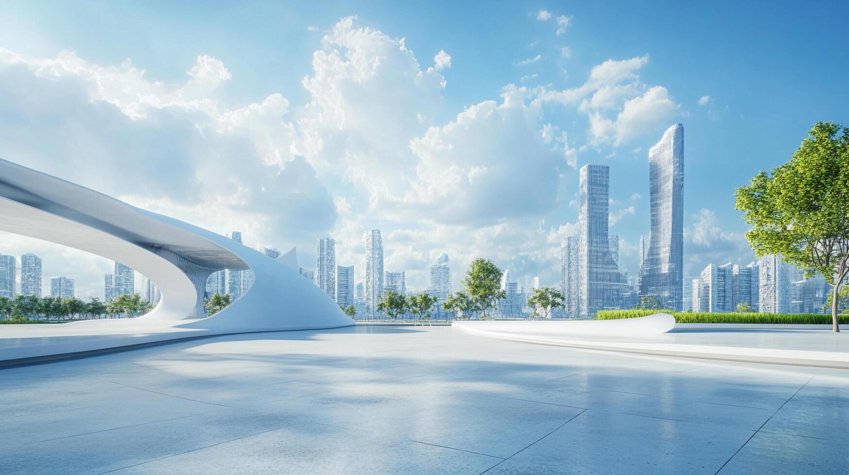 Futuristic cityscape with modern architecture, clear blue sky, and lush green trees. The future of urban design is here and it is amazing. photo
