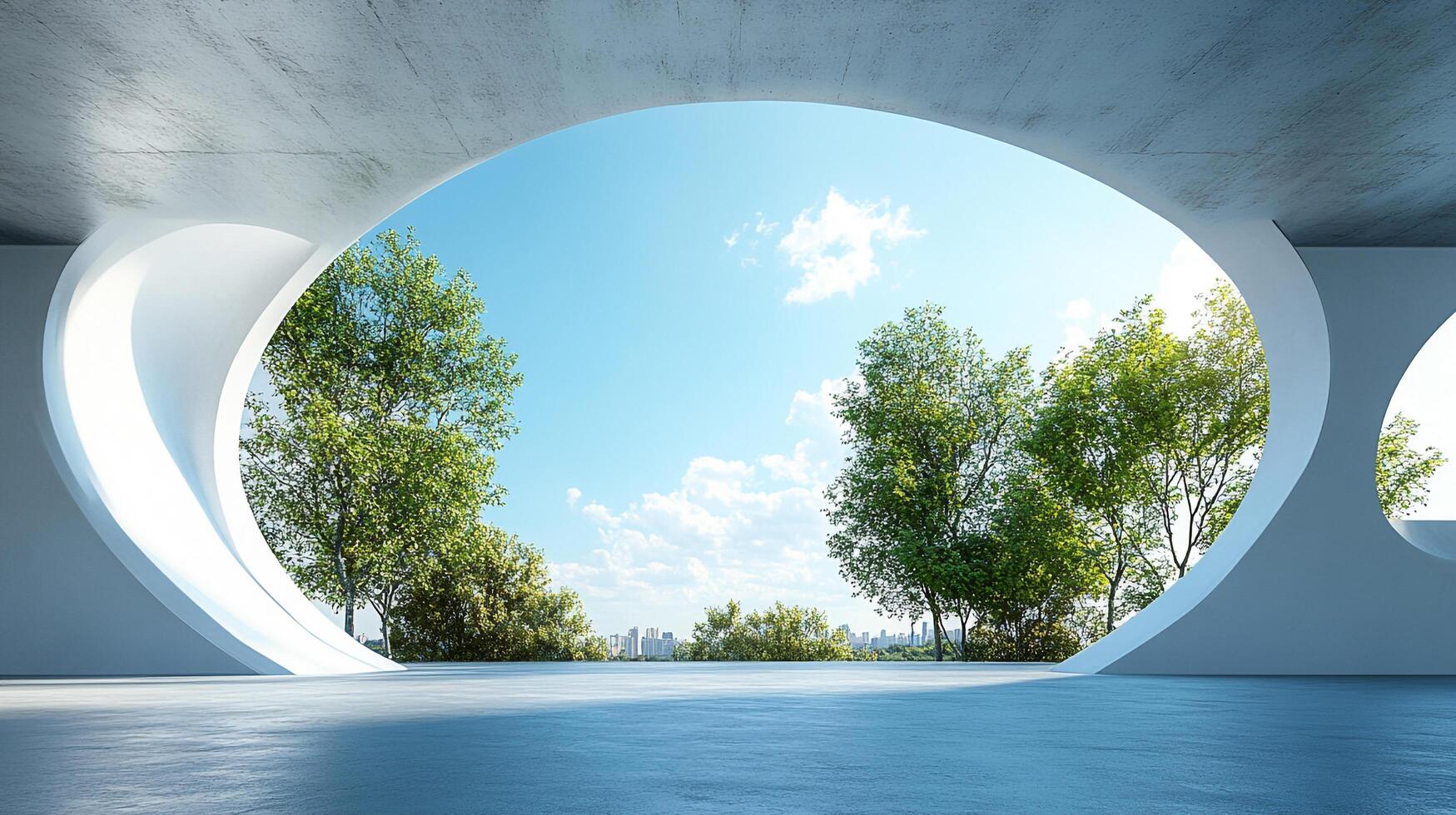 Architectural space frames a vibrant outdoor scene, blending indoor minimalism with nature's beauty and the cityscape beyond. photo