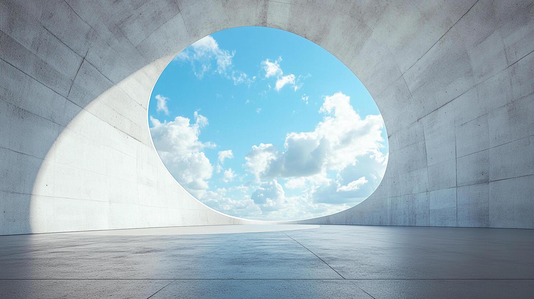Architectural concrete structure with circular opening revealing a bright sky filled with clouds, creating a serene and modern atmosphere. photo