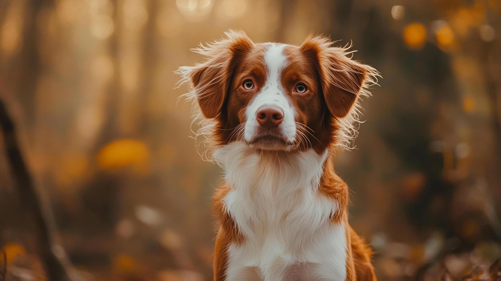 Dog portrait amidst warm fall colors. The beautiful canine is looking at the camera with a solemn expression. Serene outdoor scene. photo