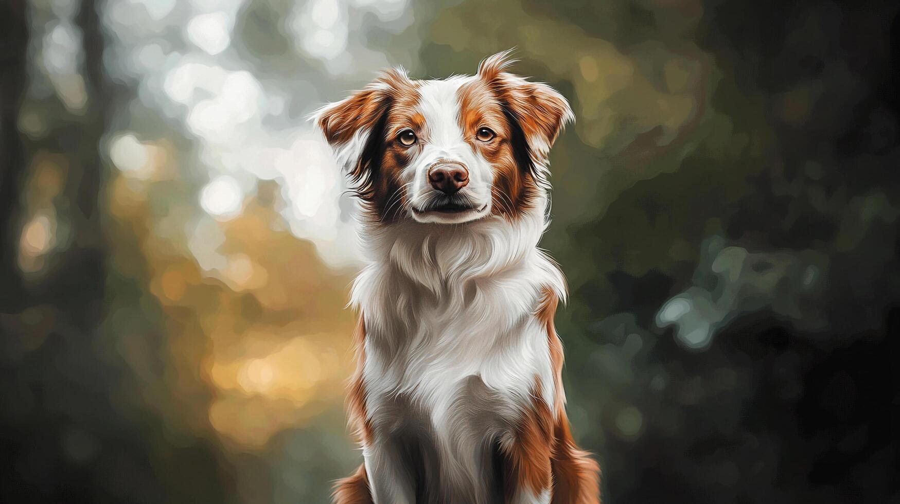 Portrait of an adorable tri-color Border Collie dog, with focus on expressive eyes, against a blurred natural green and brown background. photo