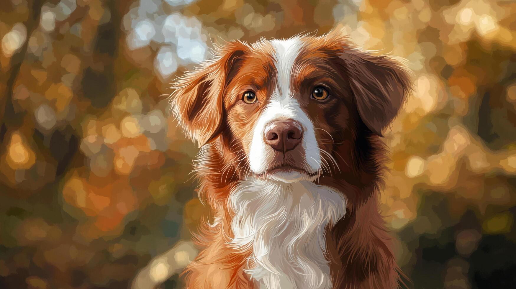 Portrait of a beautiful brown and white dog against a backdrop of blurred golden fall foliage in soft focus and natural light. photo