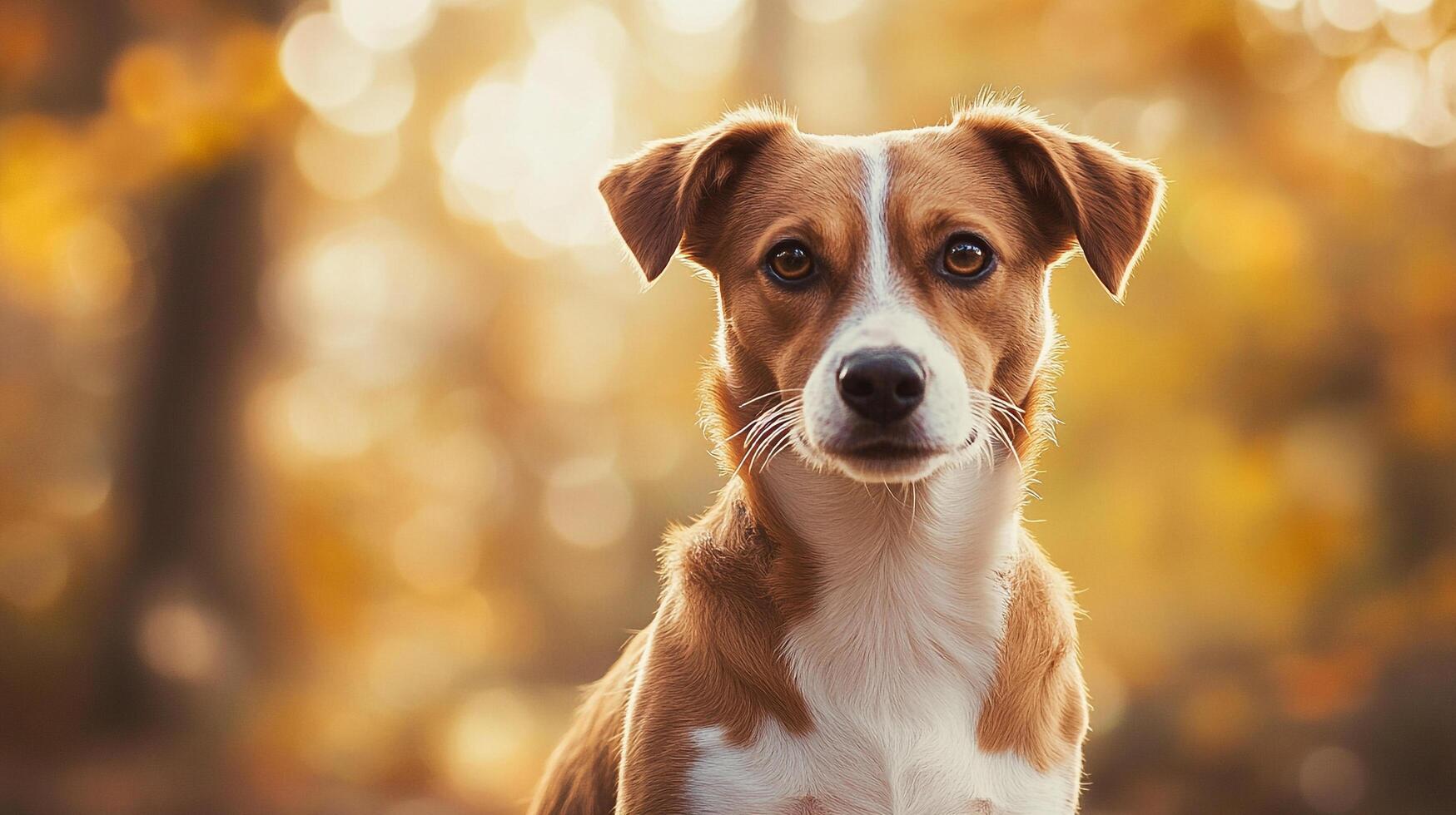 A captivating portrait of a brown and white dog with a keen gaze, set against a soft, autumnal backdrop. Serene and heartwarming. photo