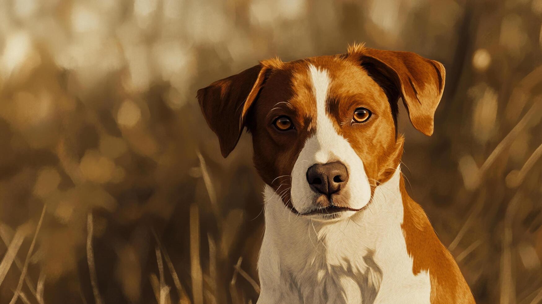 Attentive dog portrait. The canine has brown and white fur with an earnest expression. It sits among tall, golden grasses. photo