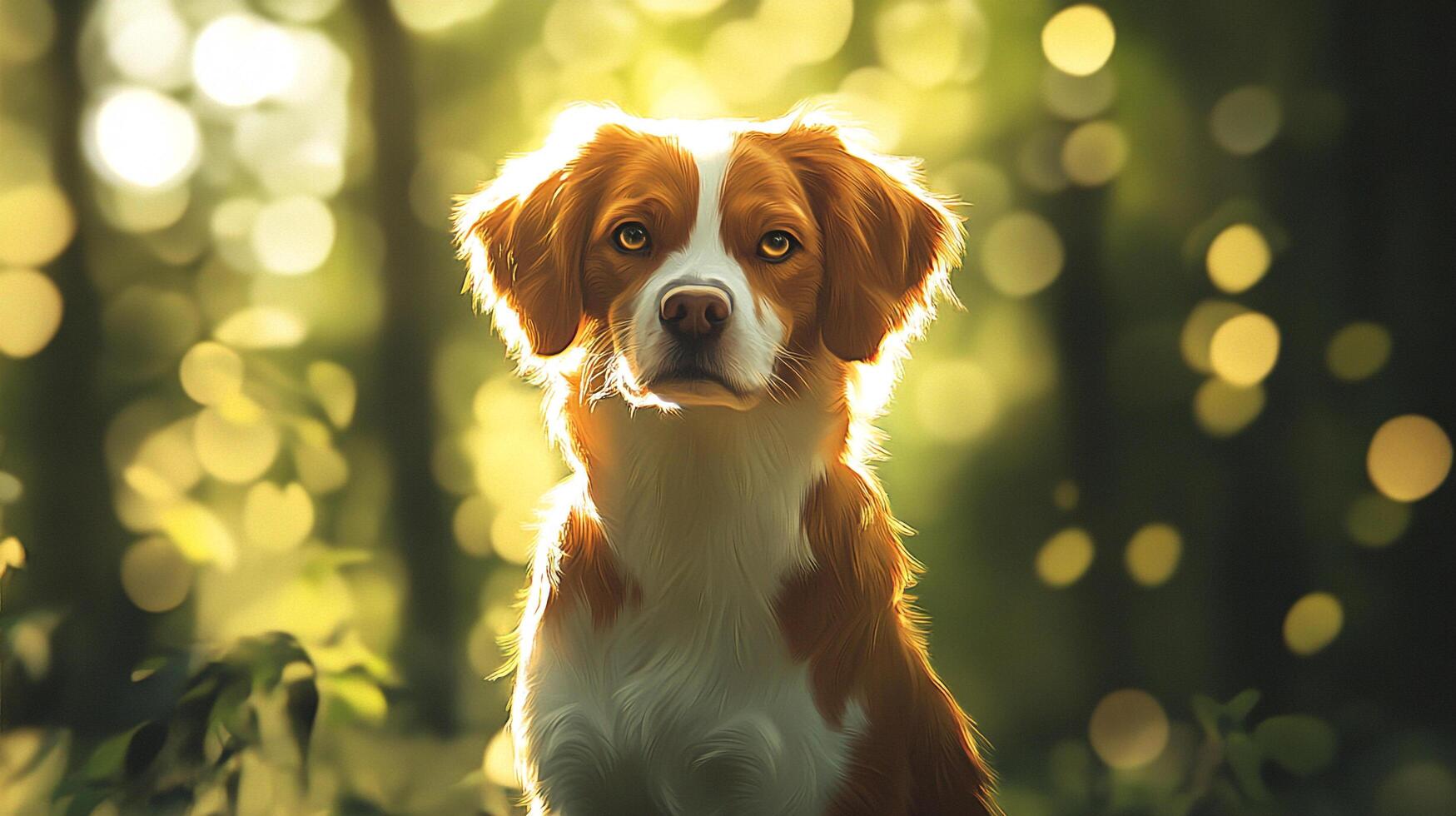 Brittany Spaniel dog with orange and white fur in a sun-drenched forest setting. A beautiful animal portrait with golden bokeh. photo