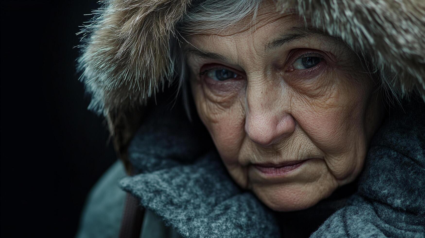 Close-up of a mature woman in a winter coat with a fur-lined hood, against a dark background. Her weathered face shows a strong character. photo