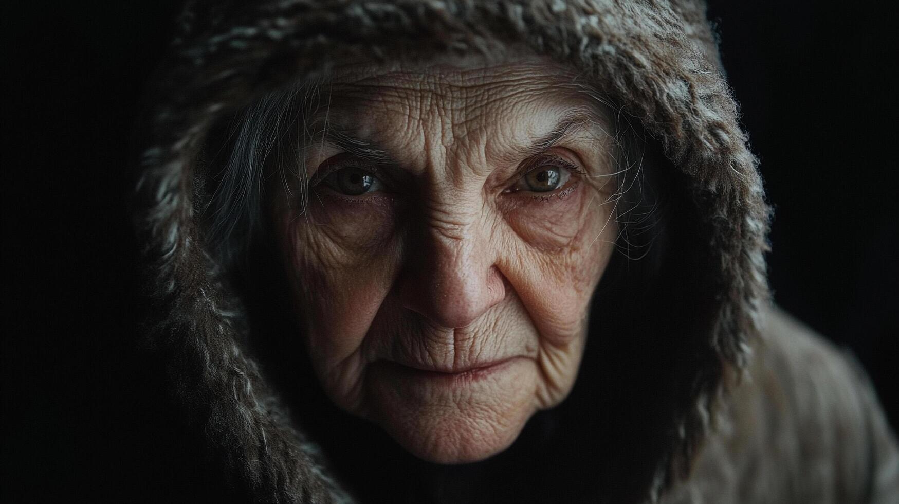 An elderly woman with weathered skin and piercing eyes, shrouded in a fur-trimmed hood, evokes a sense of timeless wisdom and resilience. photo