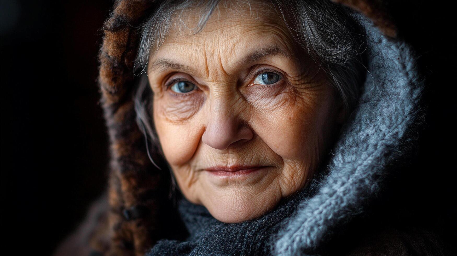Elderly woman portrait with a woolen scarf and dark clothes, showcasing experience through her wrinkled face and gentle expression. photo