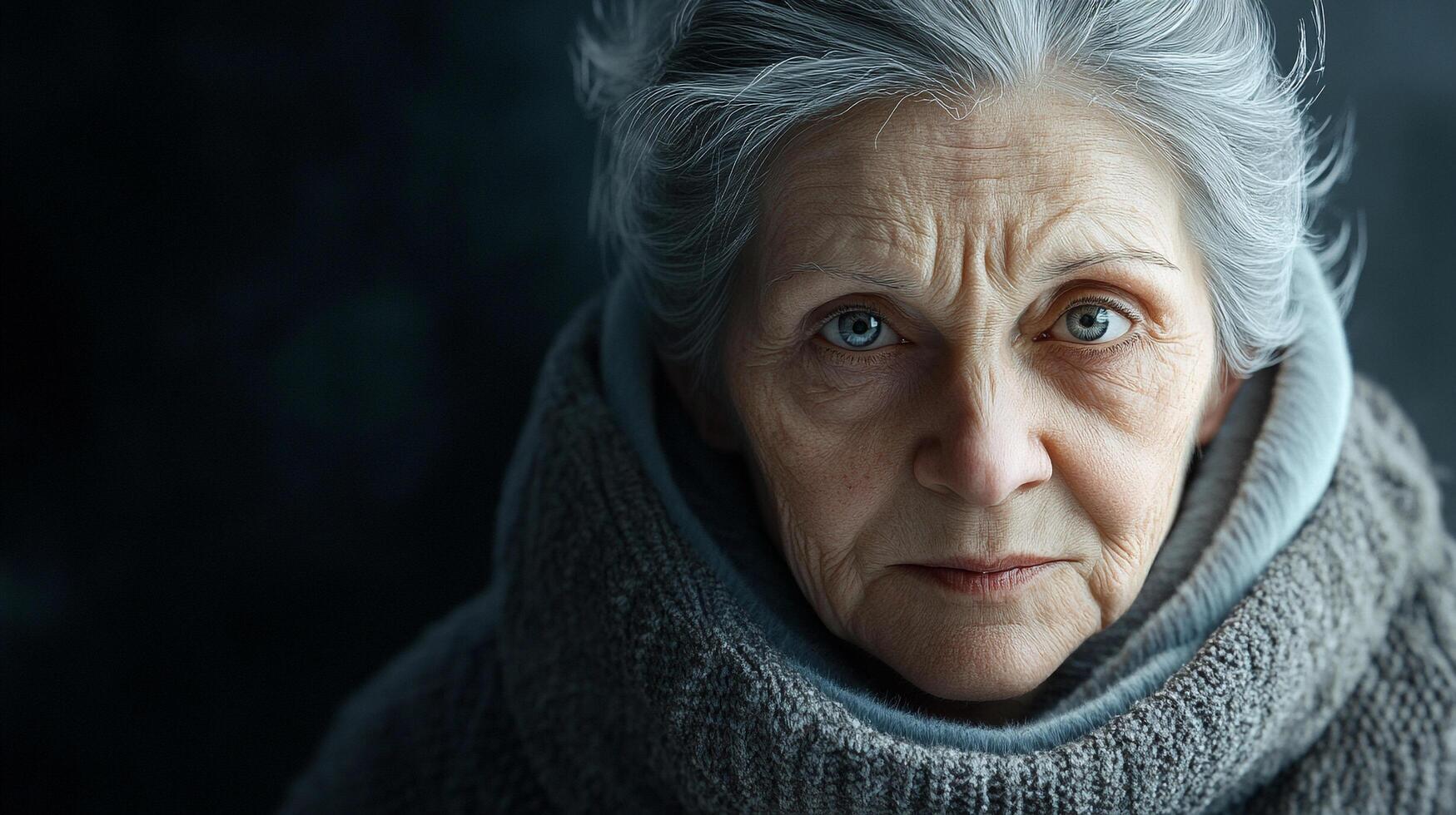 An old woman with gray hair and striking blue eyes peers forward intently, wearing a cozy, oversized gray sweater in a dark setting. photo