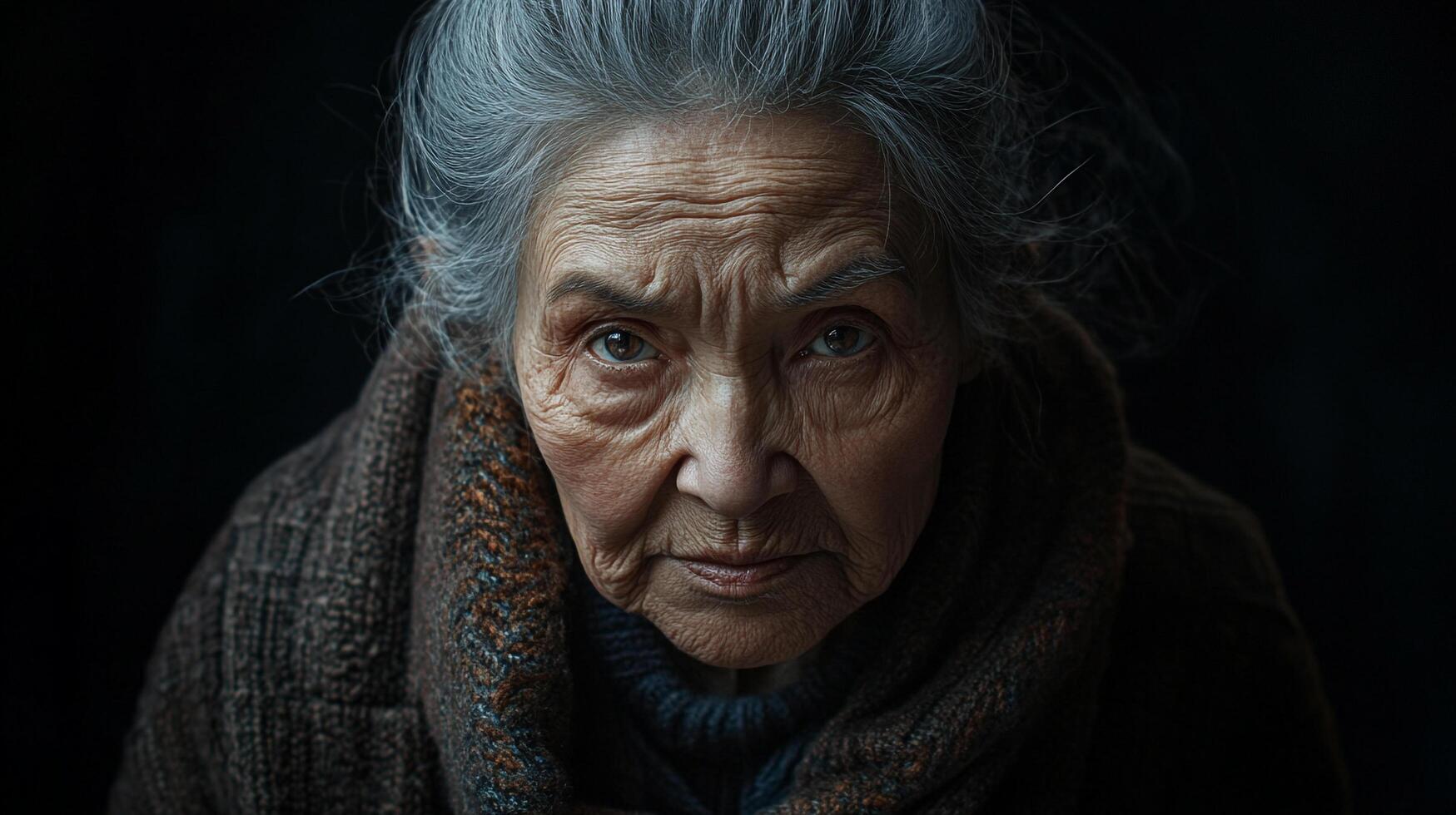 Elderly woman with gray hair and intense gaze, conveying wisdom, resilience, and a life lived. Close-up on dark background for dramatic effect. photo