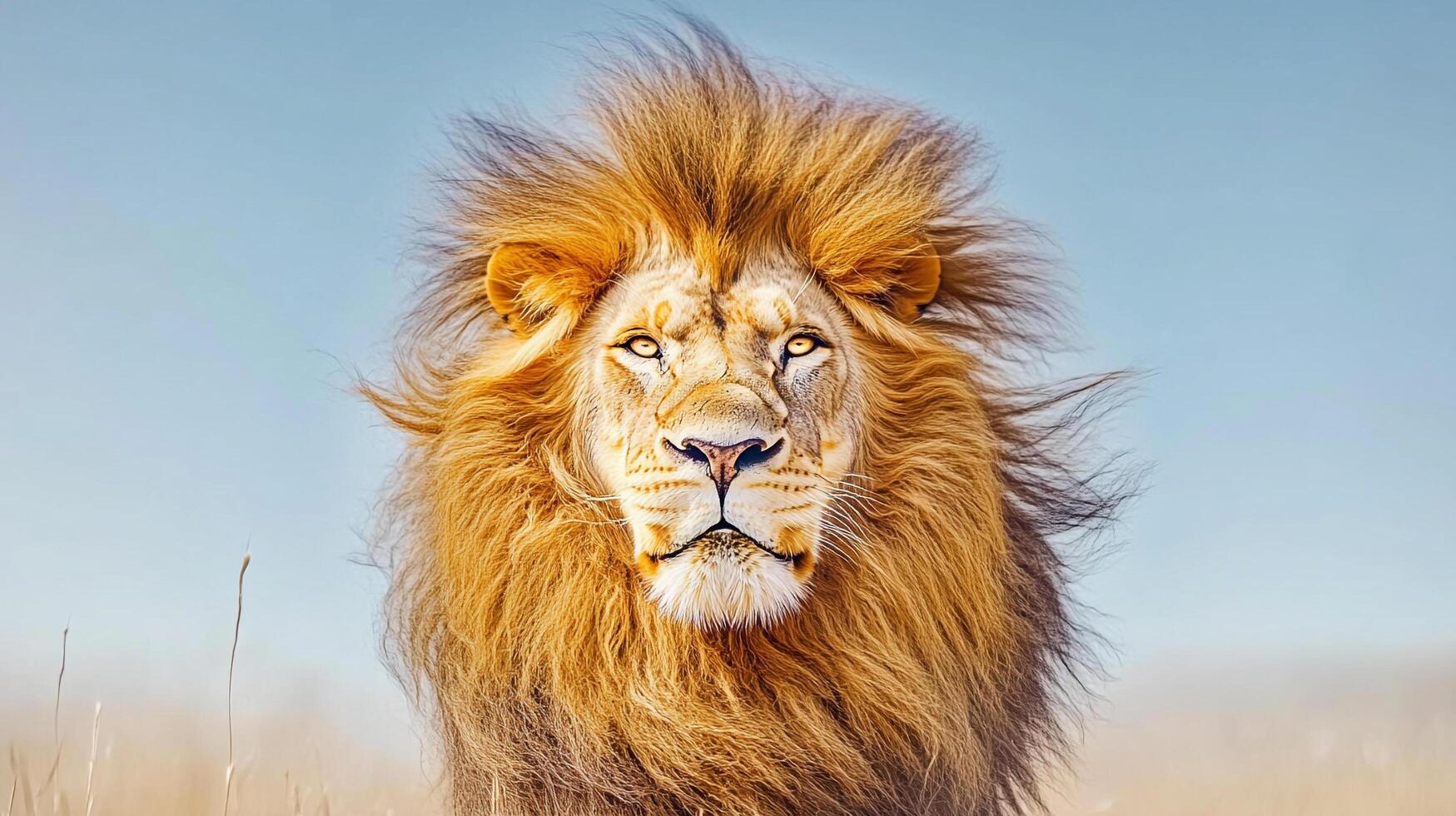 Majestic lion portrait showcasing its impressive mane against a clear blue sky. A symbol of strength and royalty in the animal kingdom. photo