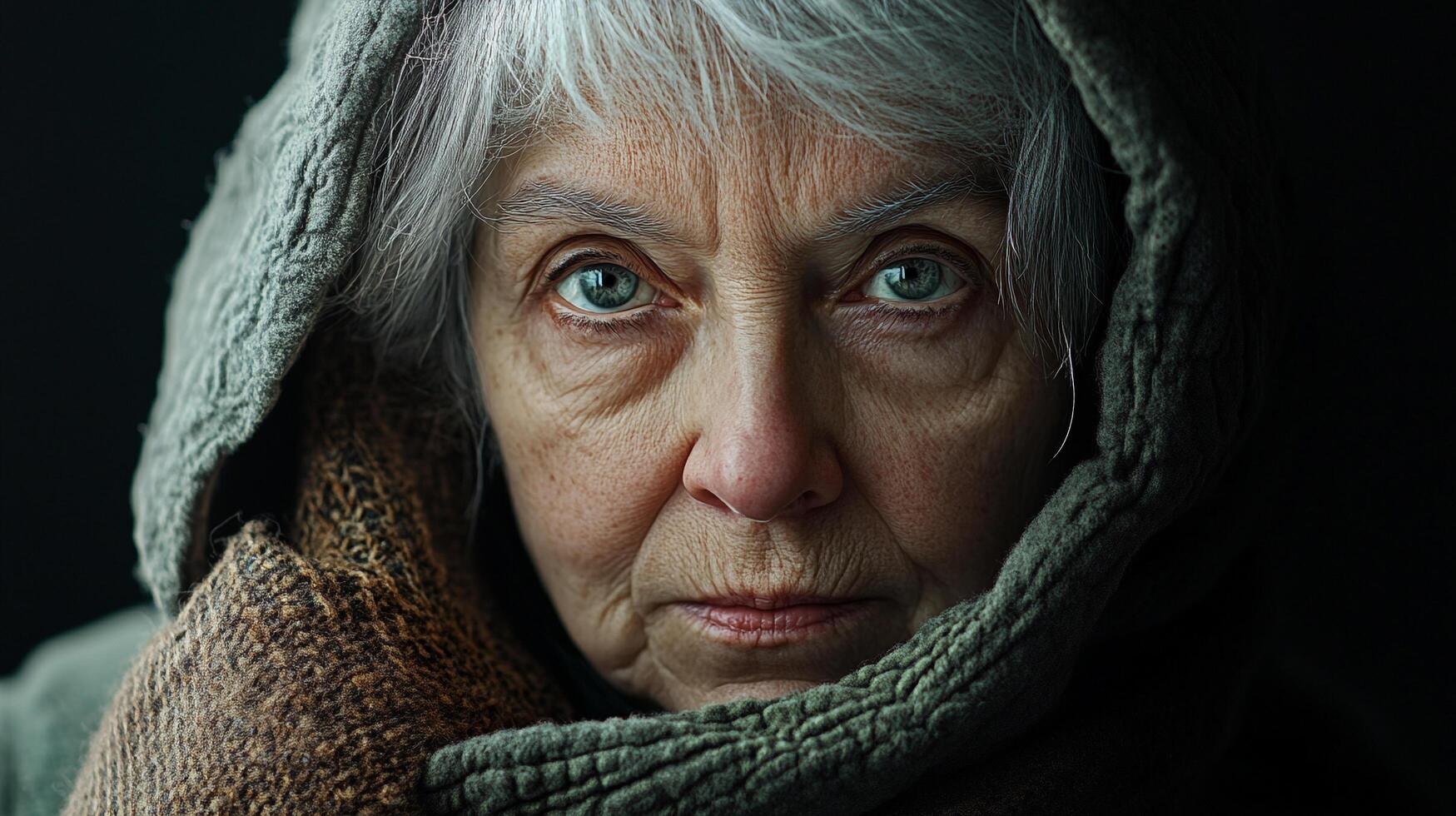 Elderly woman's portrait. Intense gaze, gray hair. Dark background. Hooded. Expression of resilience and wisdom, etched by time. photo