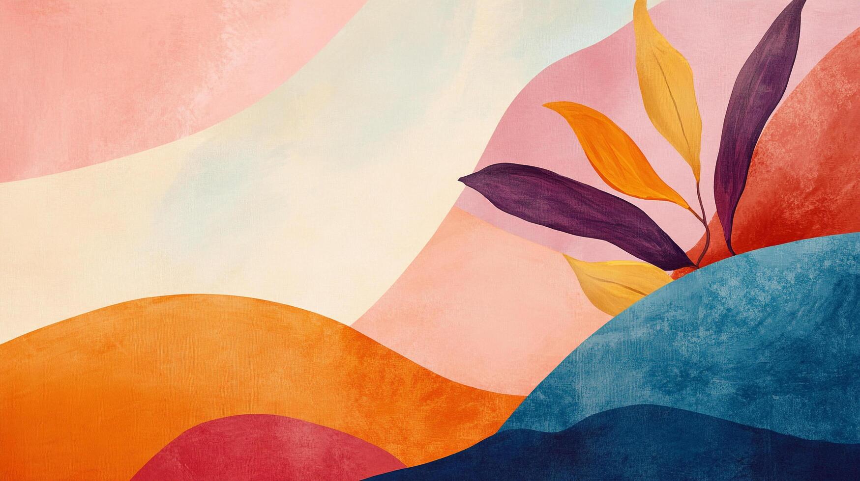 An abstract artwork featuring vibrant waves and organic leaf shapes, showcasing a blend of colors that evoke feelings of energy, creativity, and natural beauty. photo