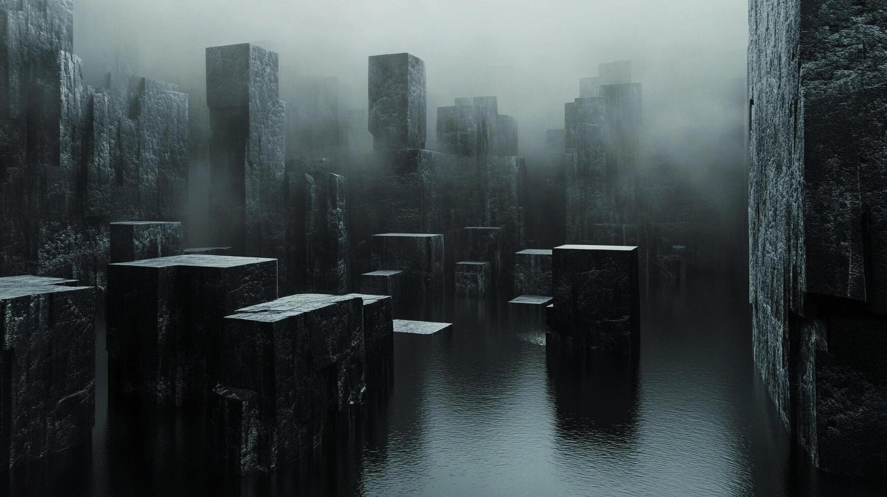 A captivating view of dark, towering monoliths emerging from a misty atmosphere, evoking a sense of mystery and depth in a surreal landscape set against still waters. photo