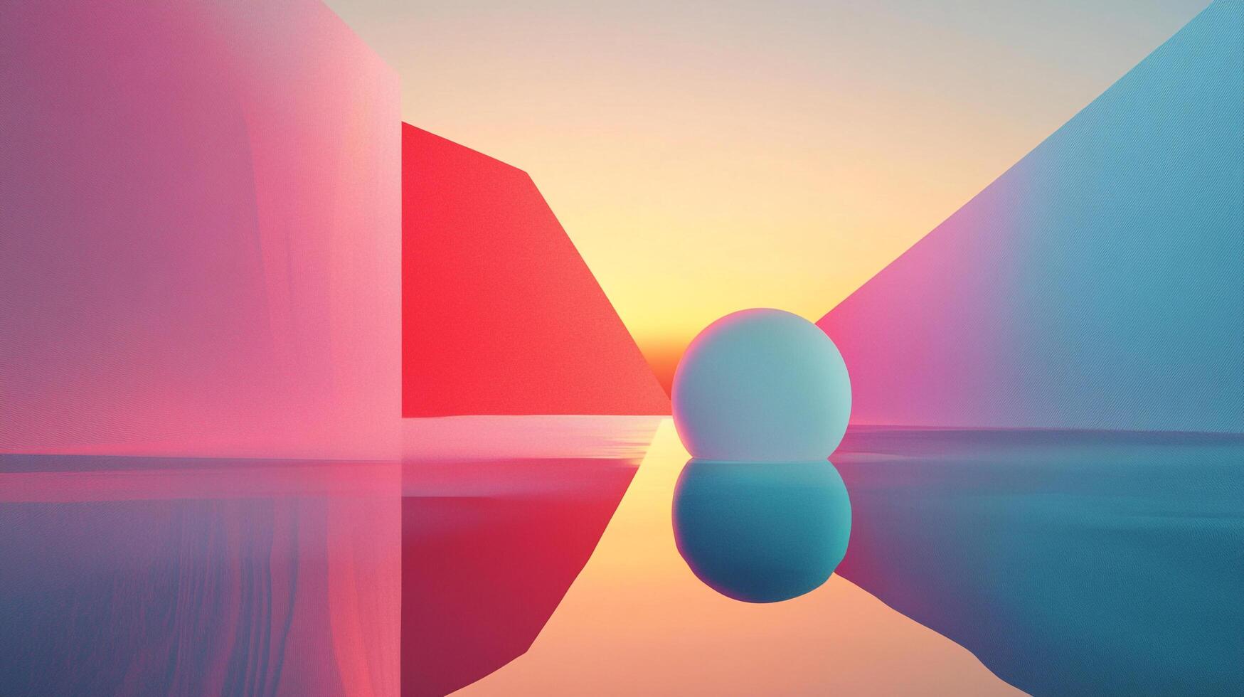 Vivid geometric shapes framed by a striking sunset, reflecting in tranquil waters, creating an artistic harmony of colors and forms that evoke a sense of creativity and inspiration. photo