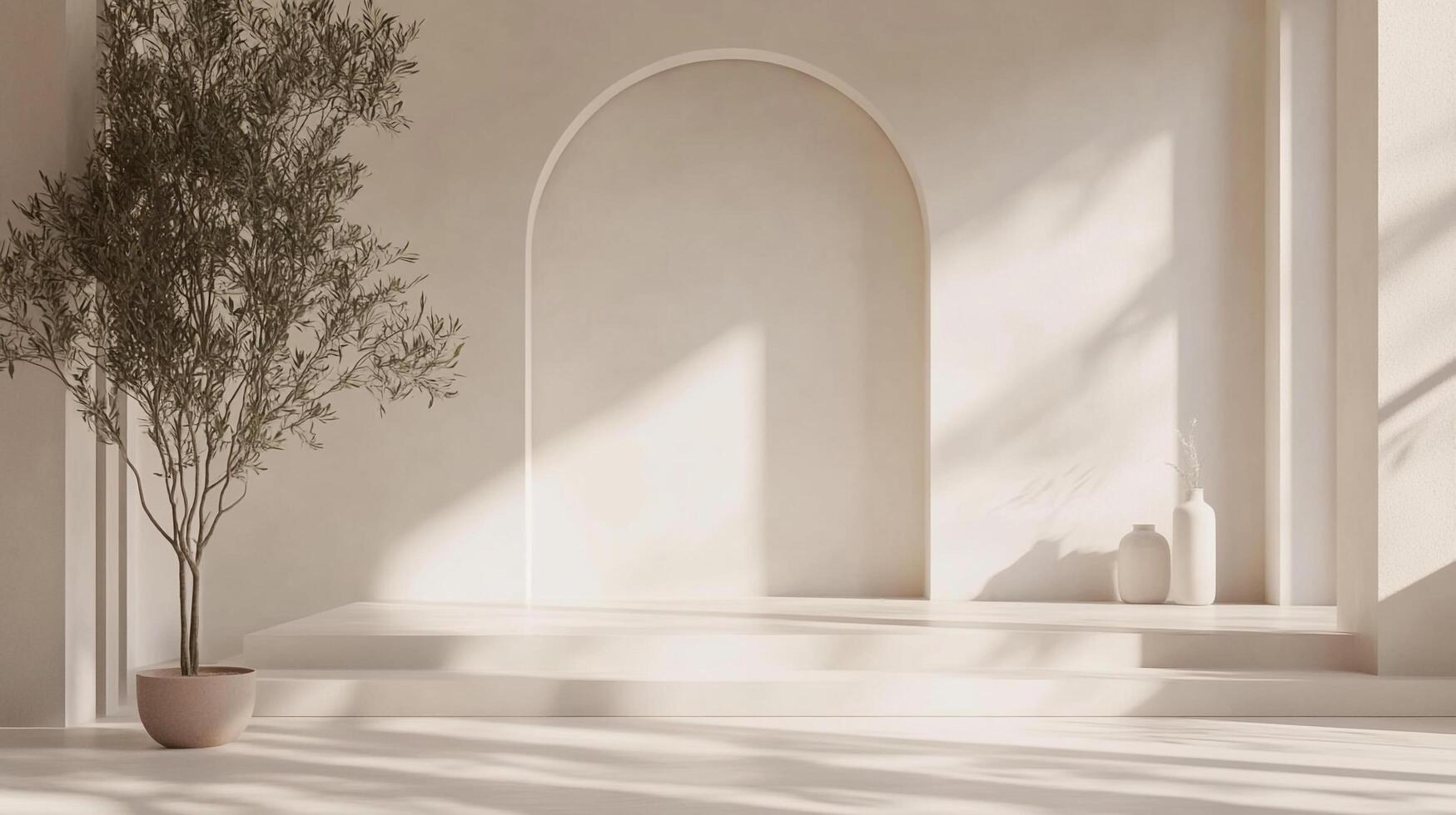 A cozy minimalist space featuring a soft-lit wall structure complemented by potted plants, creating a warm, inviting atmosphere that promotes relaxation and peace. photo