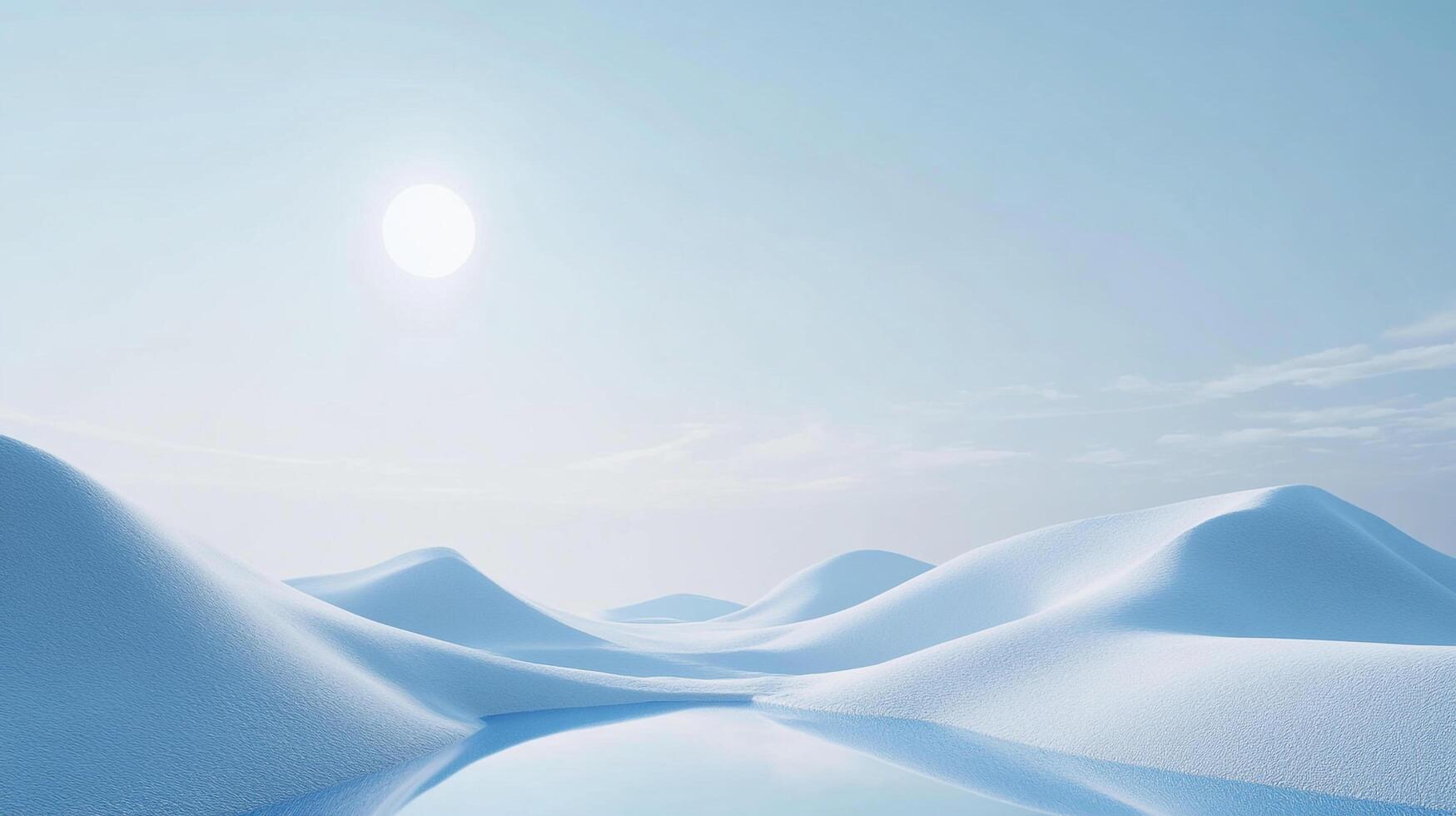 This tranquil snowy landscape features soft hills and a bright sun reflecting off a blue sky, evoking feelings of calmness and vastness in the serene environment. photo