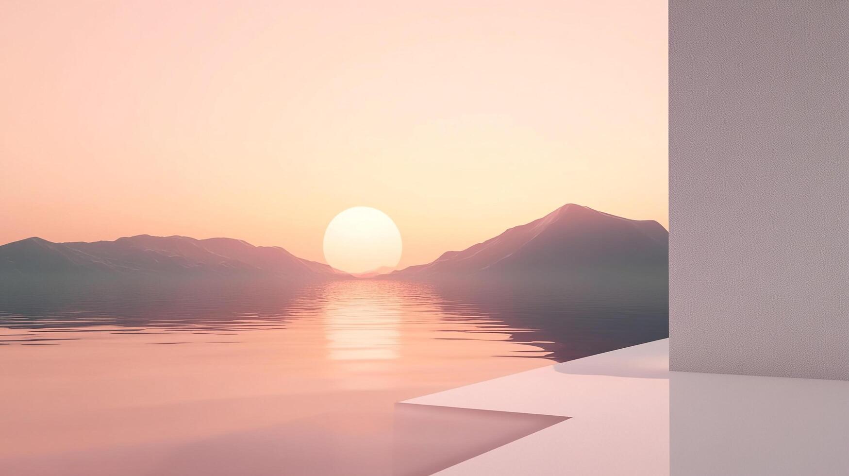 A breathtaking view of a soft sunset reflecting on calm waters, surrounded by gentle mountains, creating a serene and peaceful atmosphere for the viewer. photo