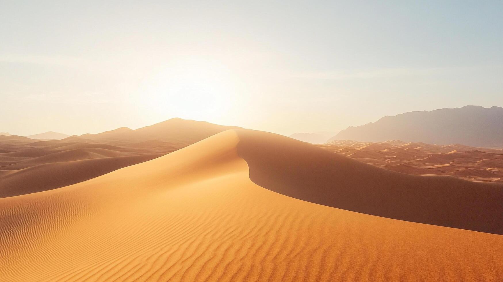 Golden desert dunes illuminated by bright sunlight create a stunning visual composition that highlights the textures and patterns of the sandy landscape in a serene environment. photo