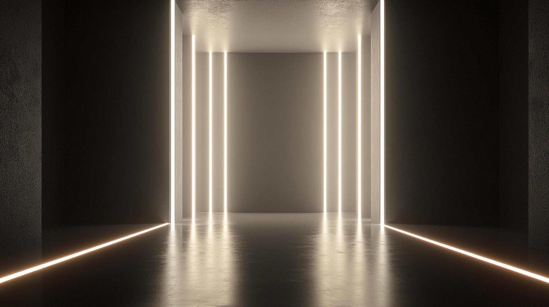 A darkened hallway illuminated by striking neon light lines that converge into a central point, evoking feelings of curiosity and a step toward the future. photo