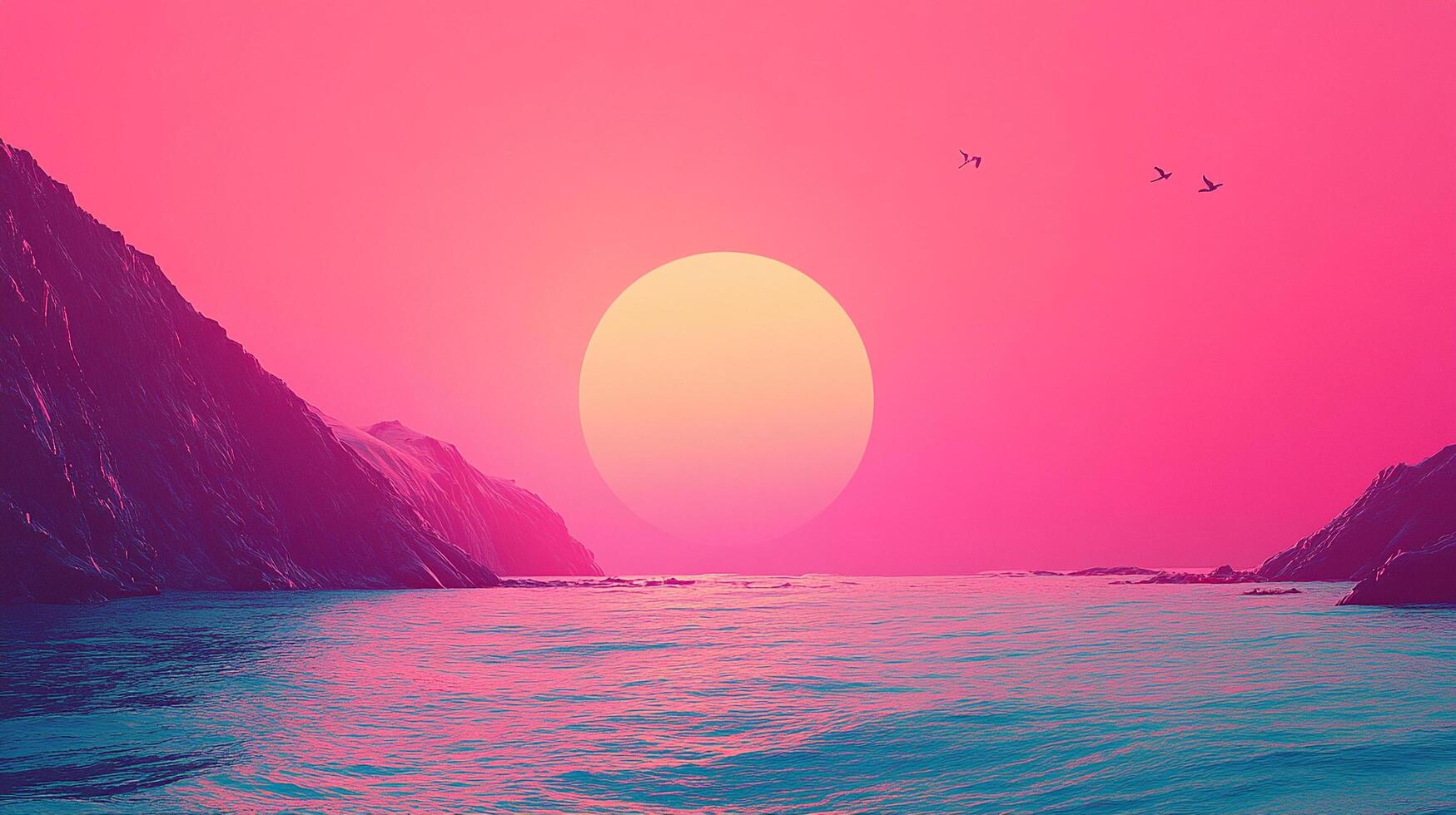 A whimsical seascape at twilight showcasing a vivid pink sunset reflecting in tranquil waters, inviting feelings of peace, wonder, and introspection. photo