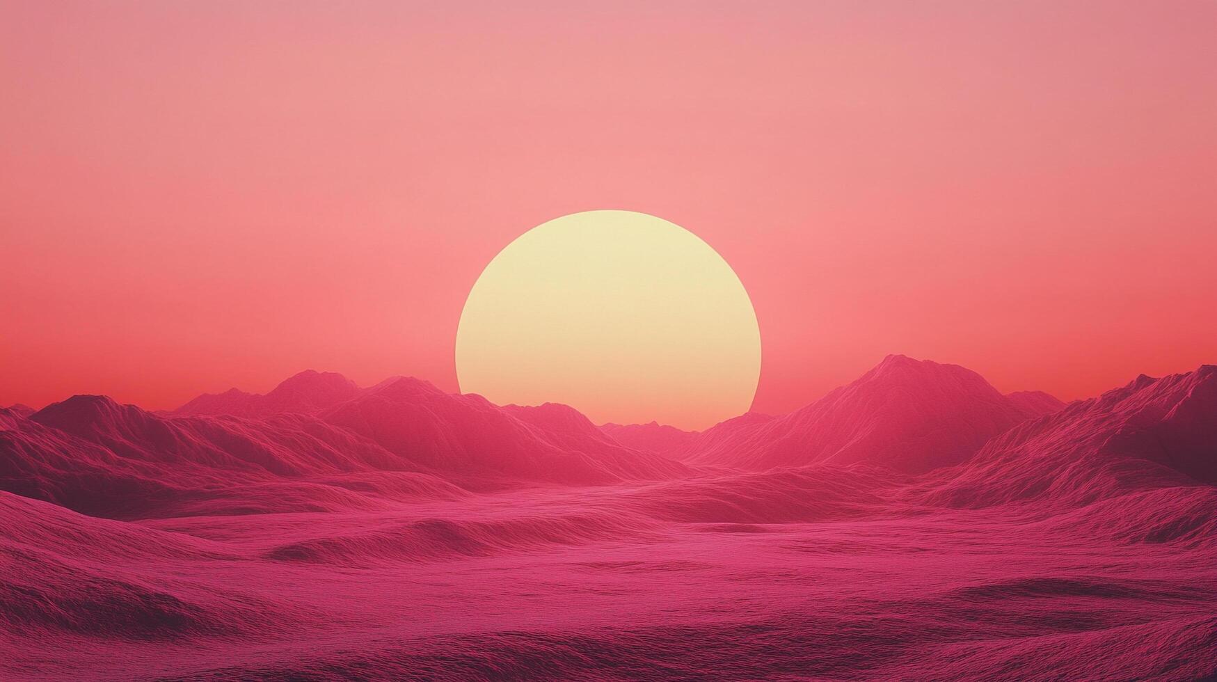 A vibrant sunset casting a warm glow over undulating purple hills and valleys, evoking feelings of tranquility and wonder in a dreamlike world of color. photo