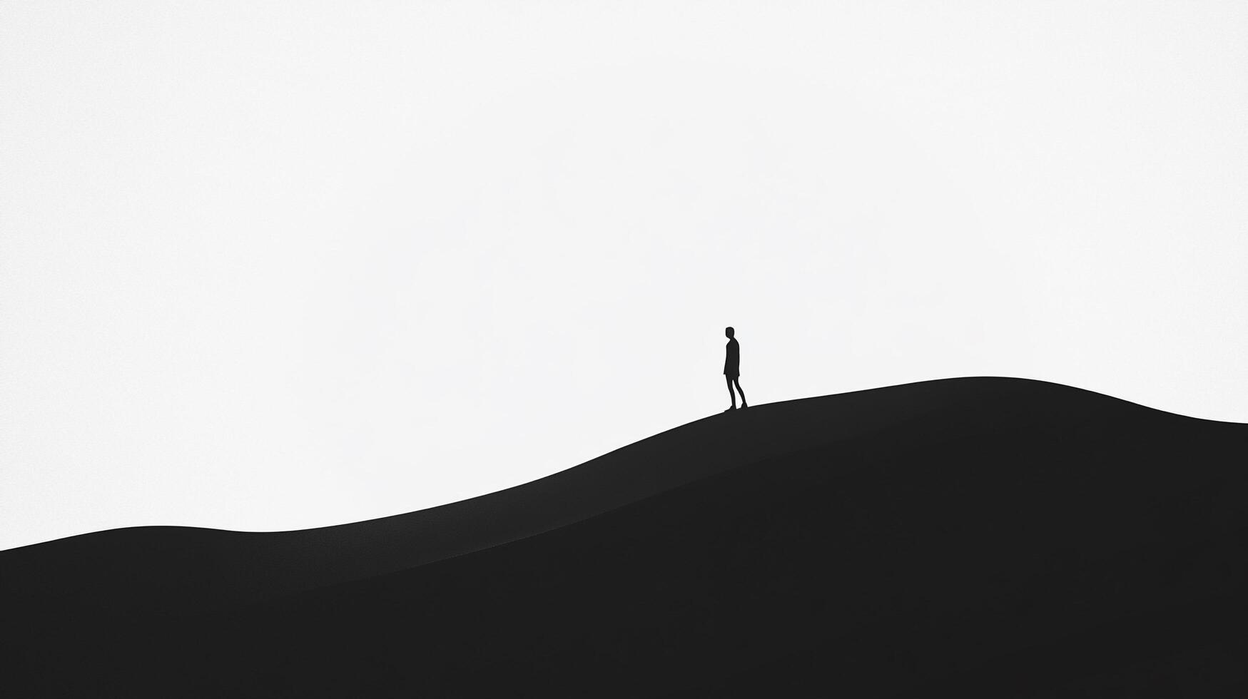 A solitary figure stands atop a dune, creating a stark contrast against a bright, minimalistic background, evoking feelings of solitude and introspection in a vast landscape. photo