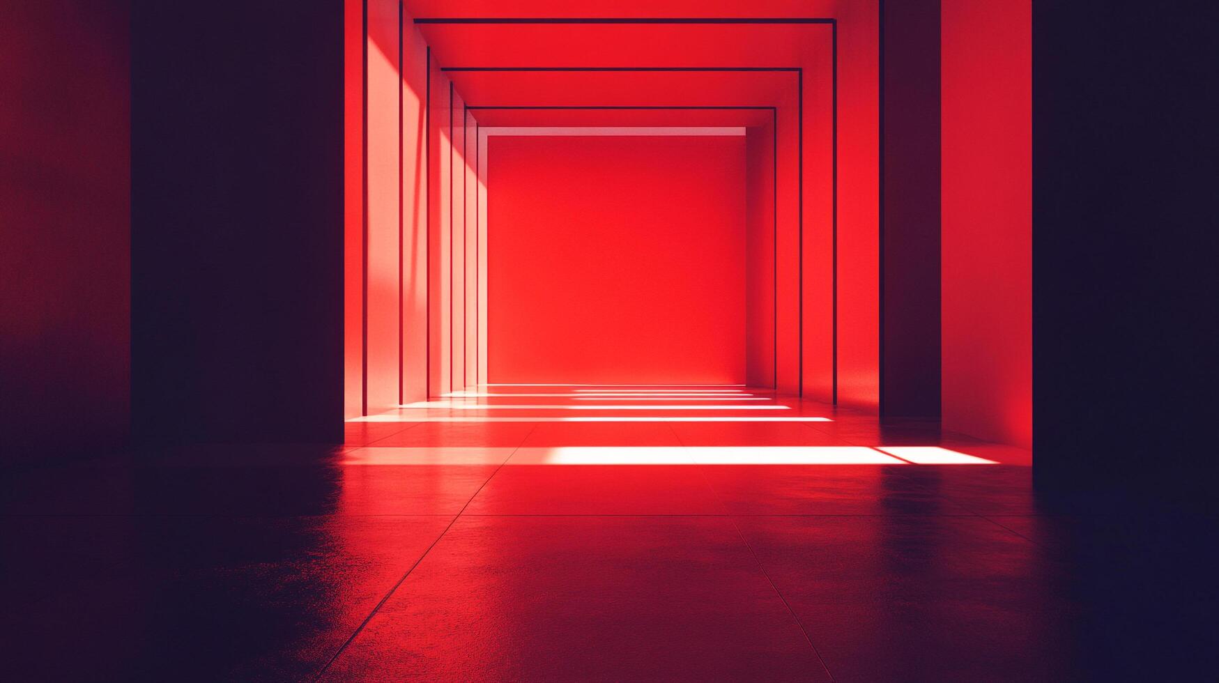 An intriguing view of a bold red passageway filled with striking shadows that invites viewers into an immersive space, suggesting depth and artistic exploration. photo