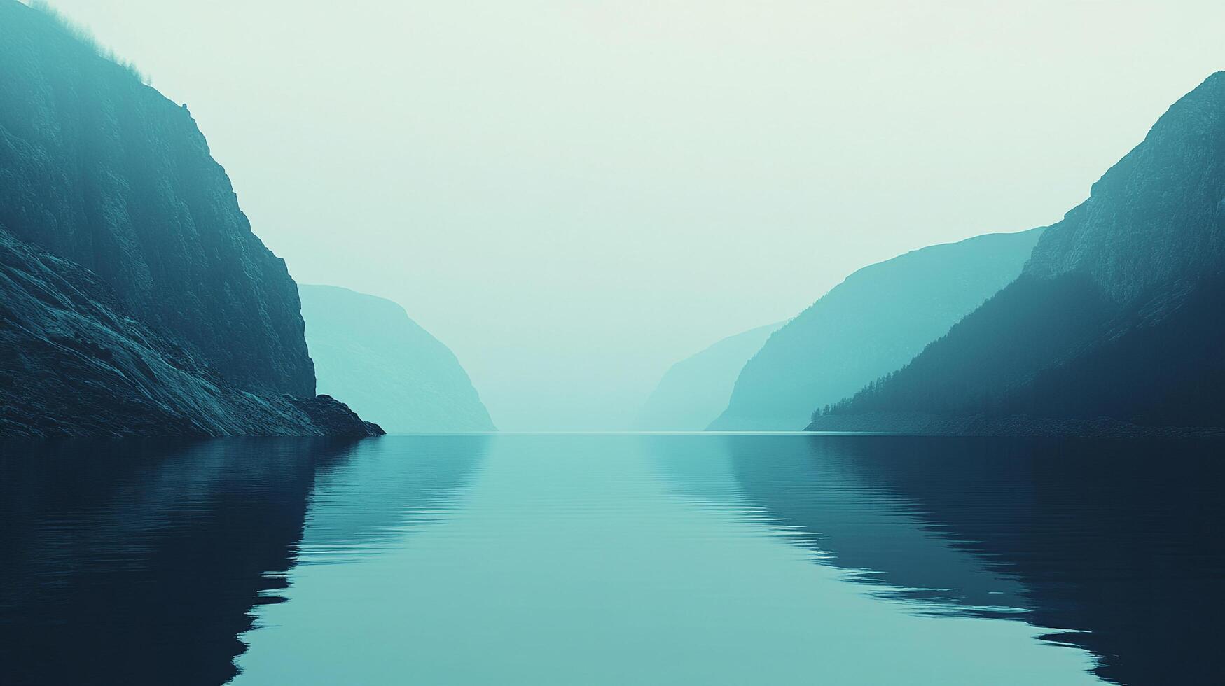 A serene misty valley scene reflected in a calm waterway, evoking a sense of tranquility and introspection while showcasing the beauty of nature's forms. photo