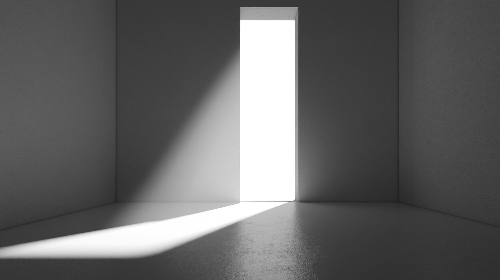 This image features a minimalistic interior with a stark white wall and a bright light coming through an open door, creating a dramatic contrast and accentuating simplicity. photo