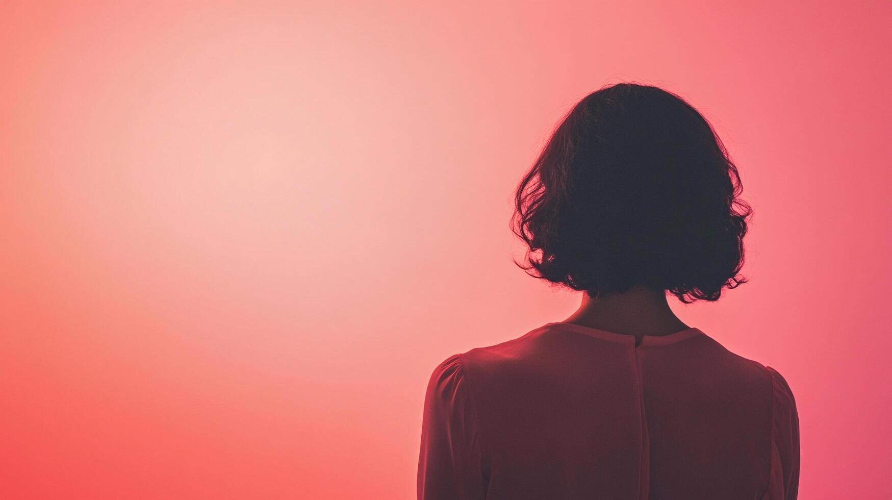 A thoughtful silhouette of a person stands against a softly lit warm coral background, evoking introspection and emotional depth in a minimalist setting. photo