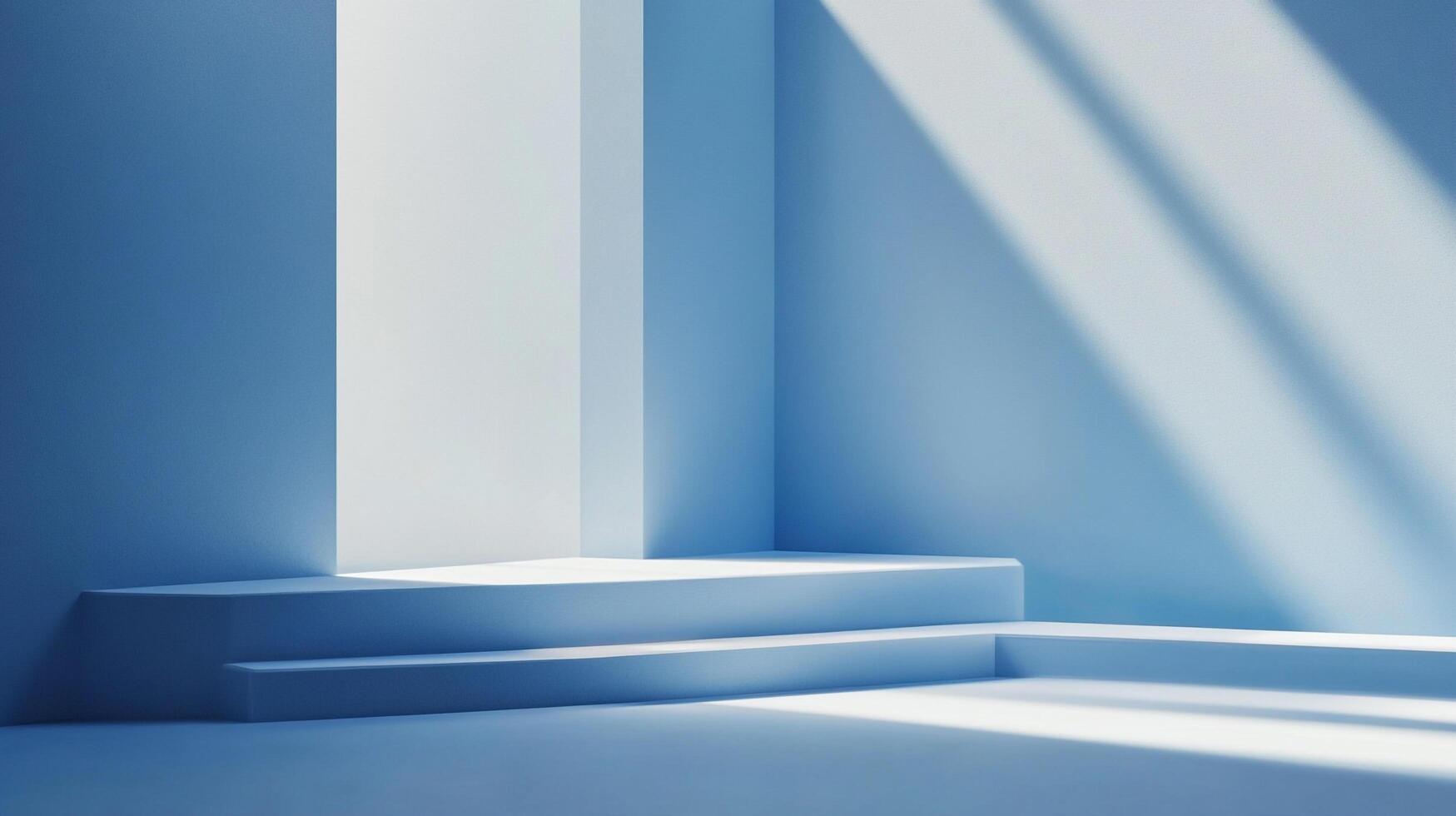 This minimalist blue room features geometric shapes and soft light, creating a tranquil atmosphere that invites creativity and calm reflection, perfect for various projects. photo