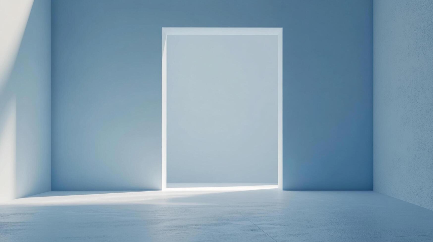 A minimalist interior view showcasing a light blue room with an open door, creating a sense of openness and inviting exploration into the unknown. photo