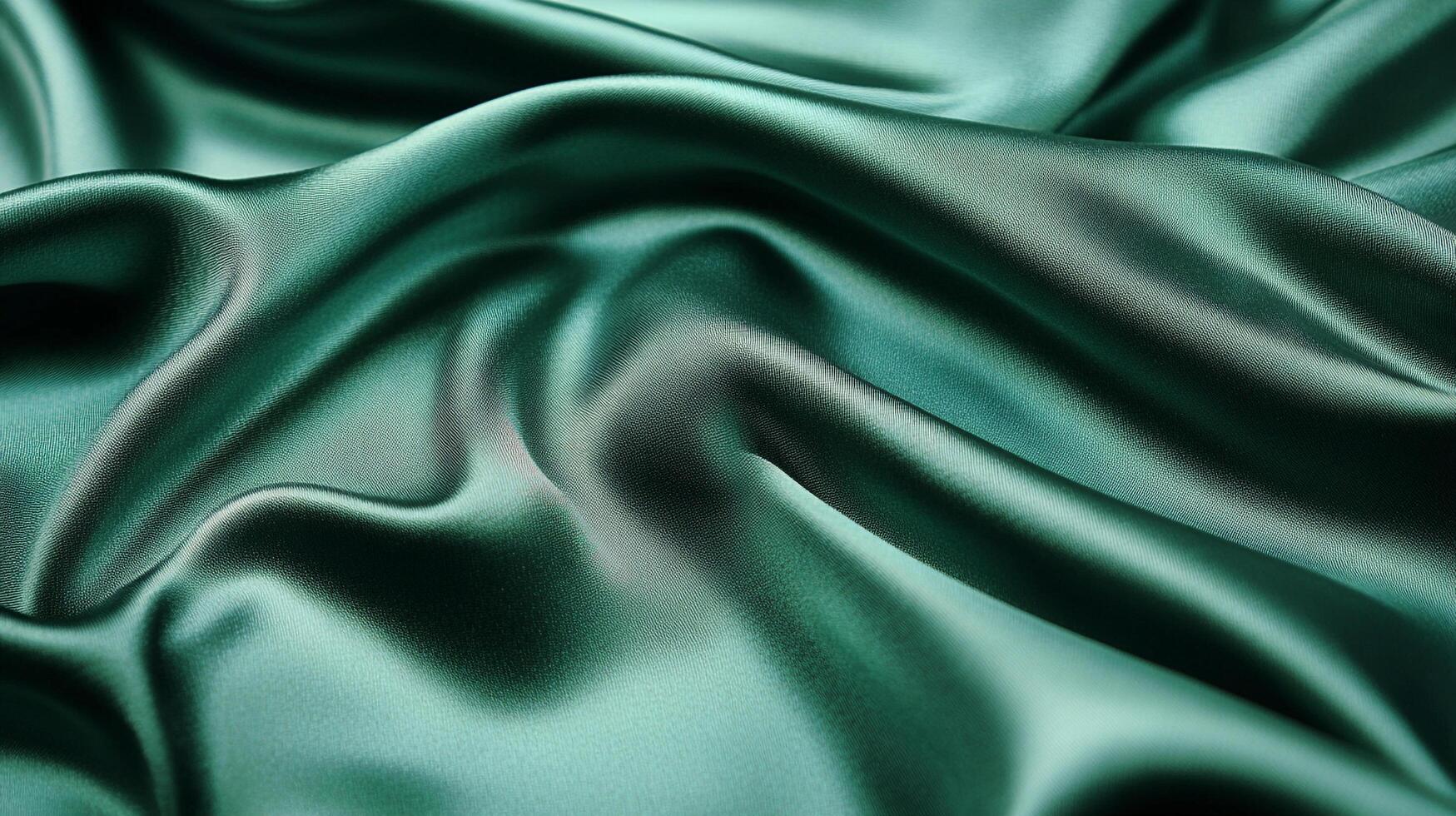This image features an elegant emerald satin fabric, showcasing its rich color and smooth texture, perfect for highlighting luxury fashion and textile design concepts. photo