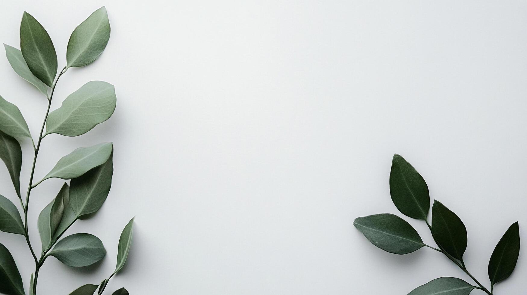 A minimalist image depicting green leaves arranged on a blank background, highlighting natural beauty and tranquility while creating an inviting and calming atmosphere. photo