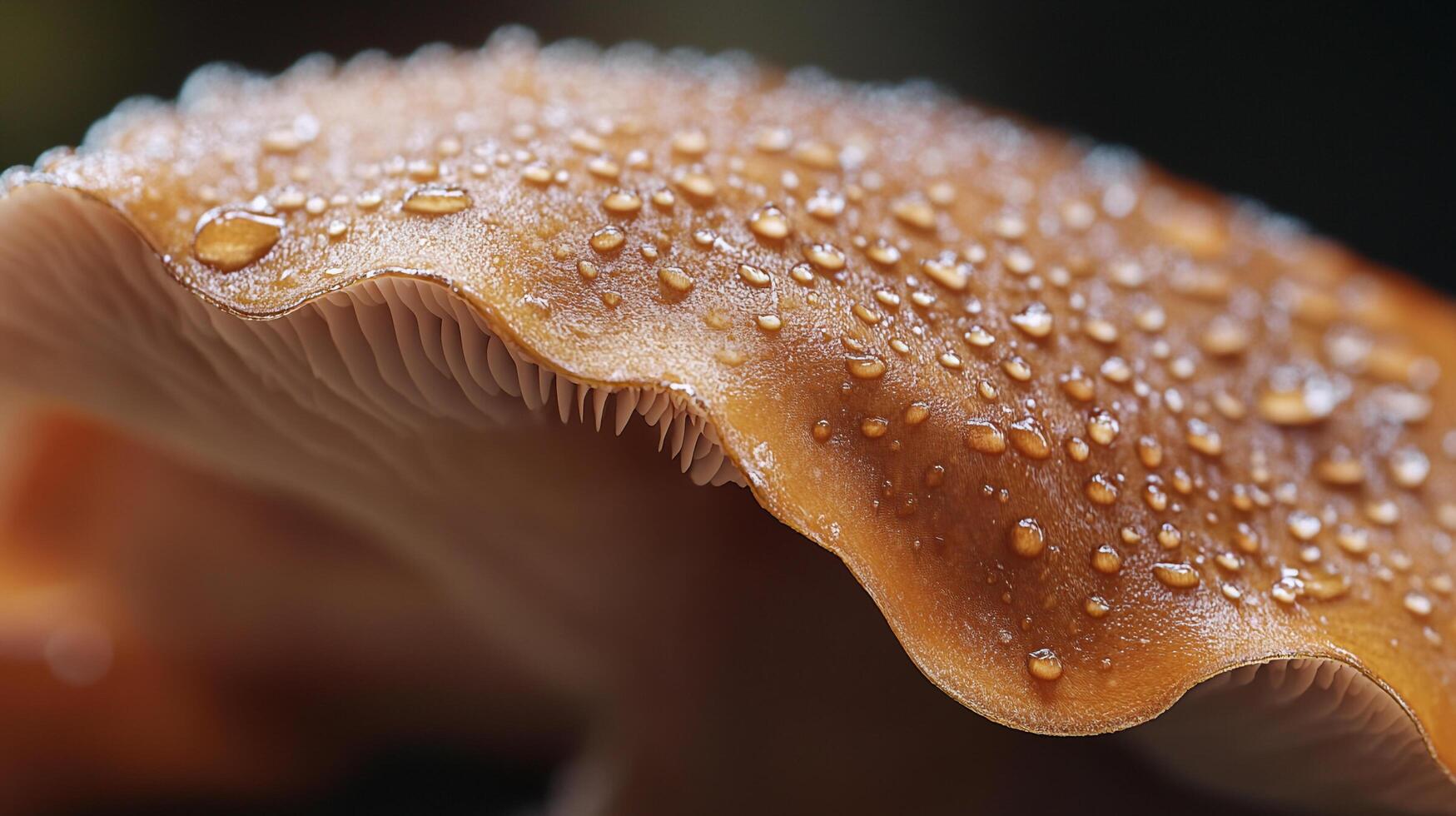 This image features a macro shot of a mushroom cap, adorned with glistening droplets, showcasing its intricate structure and natural beauty in vibrant detail. photo