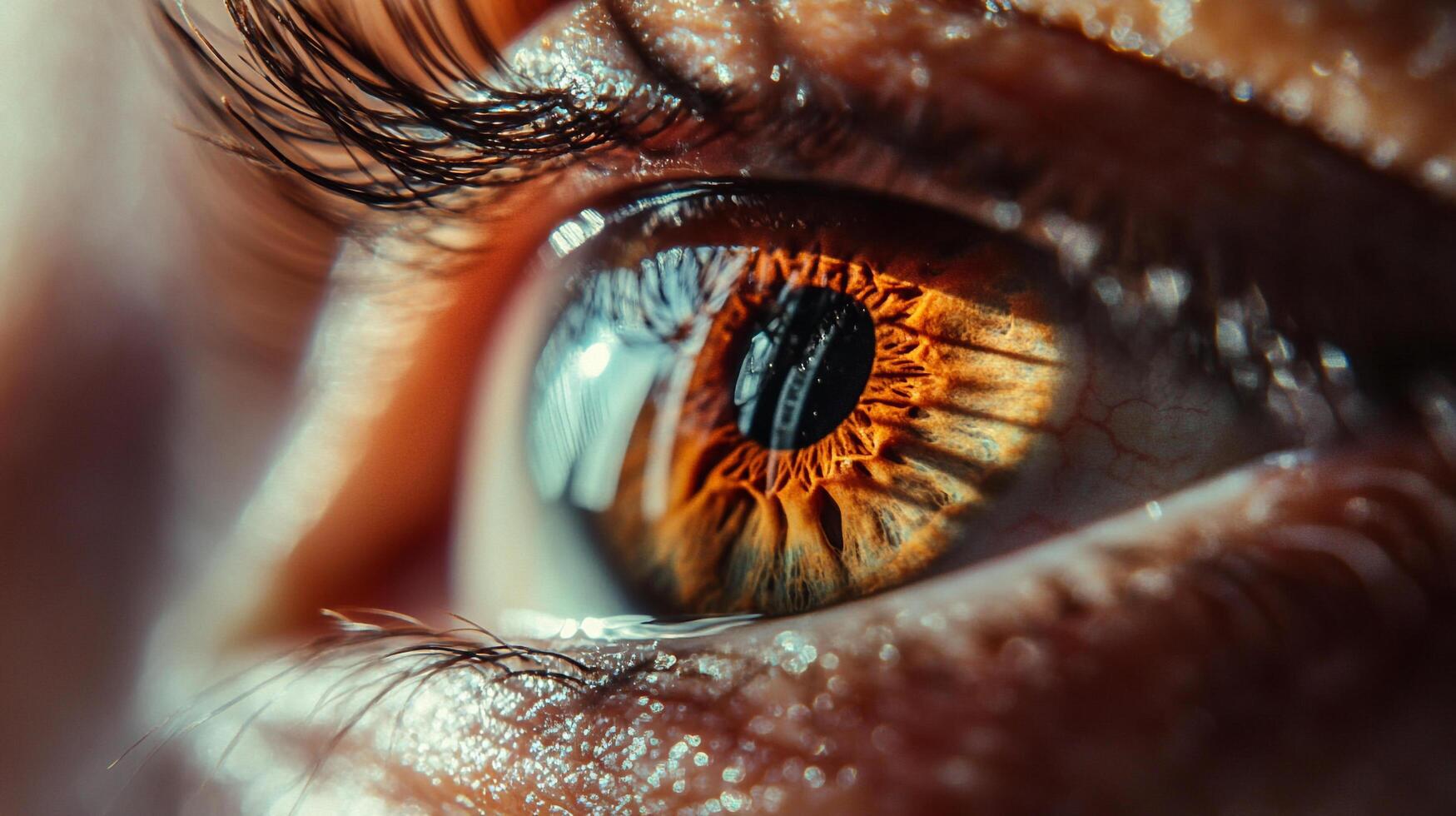 An intimate close-up of a human eye, revealing intricate details and a vivid cast, symbolizing emotion and depth that captivates the viewer's attention. photo