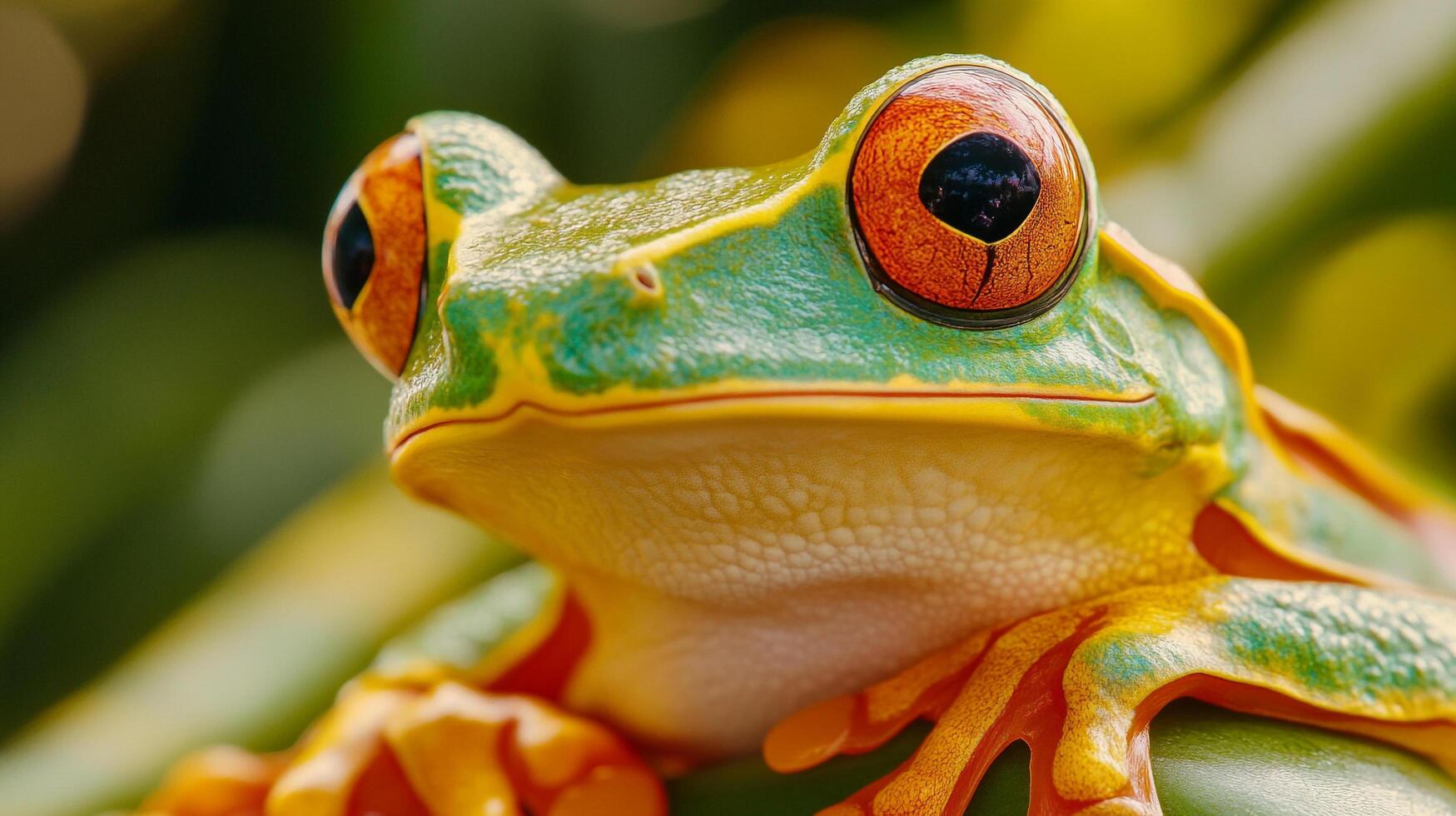 A close-up of a vibrant frog nestled amidst lush foliage, showcasing its vivid colors and unique features, illustrating the beauty of biodiversity in nature. photo