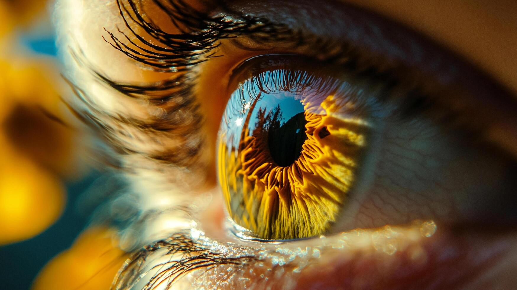 A captivating close-up of a human eye reflecting the beautiful surroundings, embodying the connection between humanity and nature through sight and experience. photo