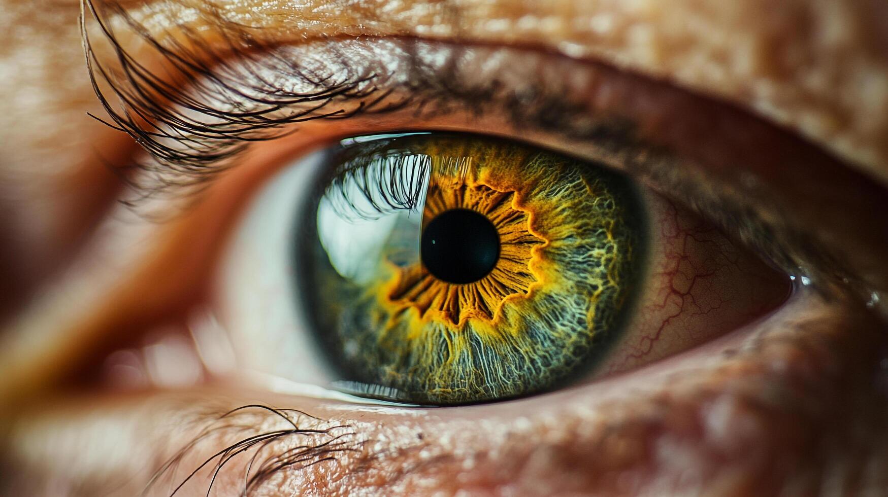 This image showcases a breathtaking close-up of a human eye, featuring vibrant colors and intricate patterns radiating from the iris, displaying unique beauty and detail. photo