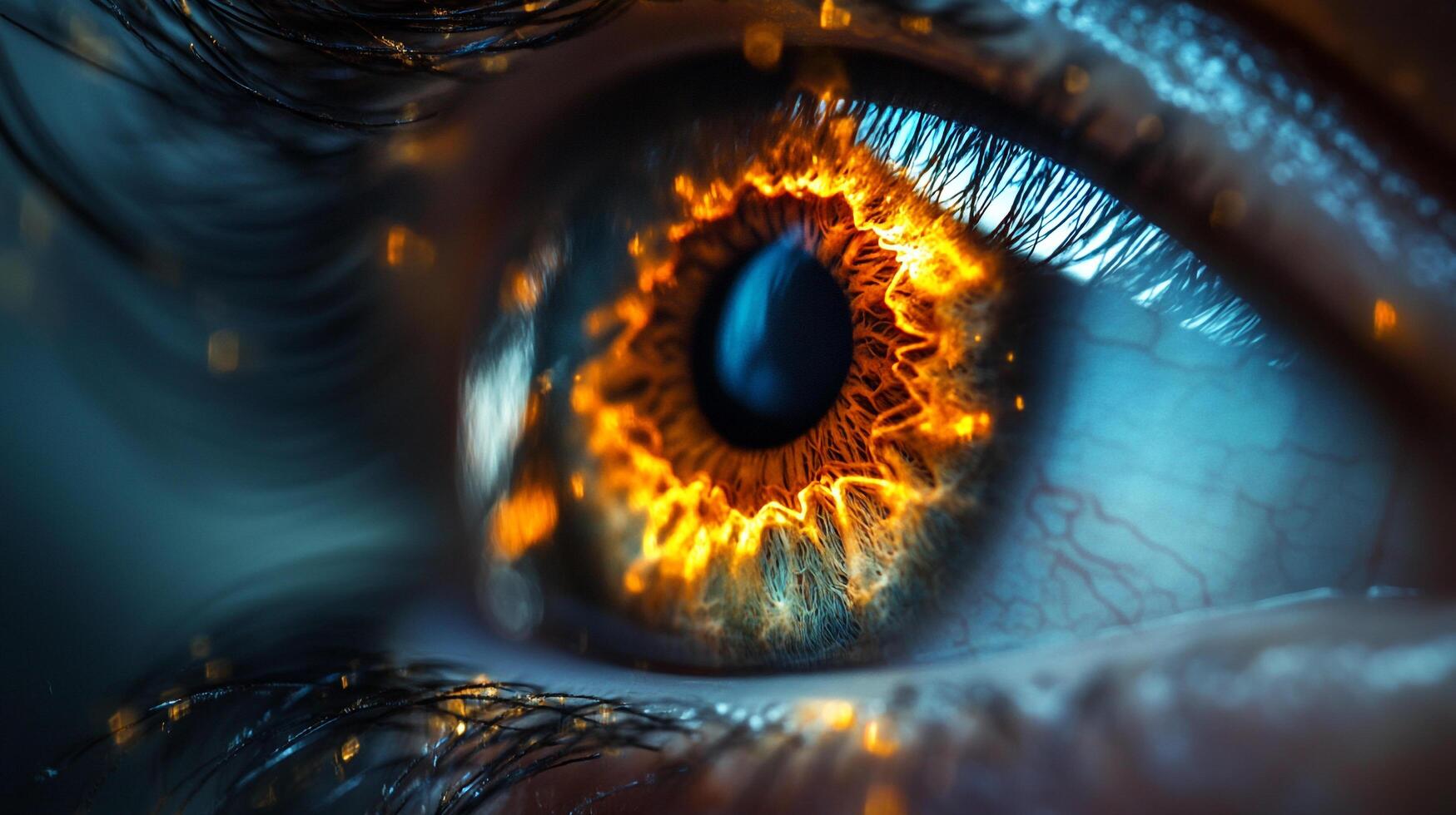 A stunning close-up of an eye exhibiting a fiery orange pattern, captivating viewers with its intense colors and intricate details that evoke passion and fascination. photo