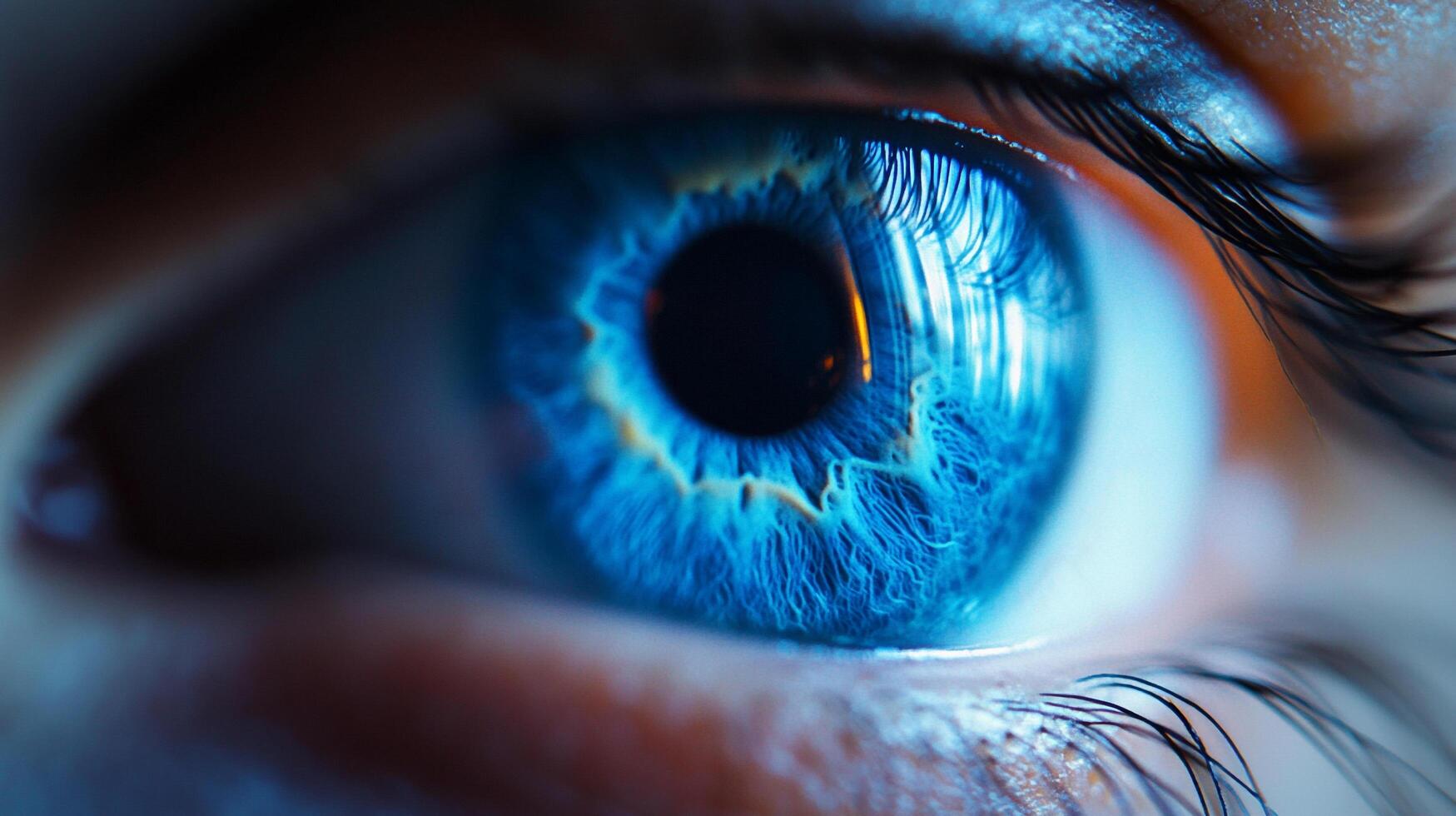 This visually striking image features a close-up of a captivating blue eye displaying unique swirling patterns in its iris, inviting the viewer into a world of mystery. photo