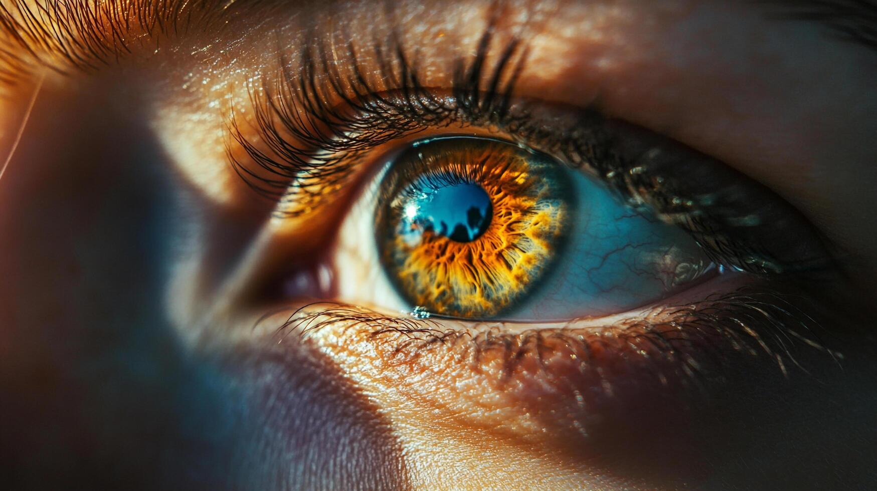 This striking close-up image showcases a mesmerizing eye with unique iris patterns, capturing intricate details and reflections that evoke wonder and curiosity. photo