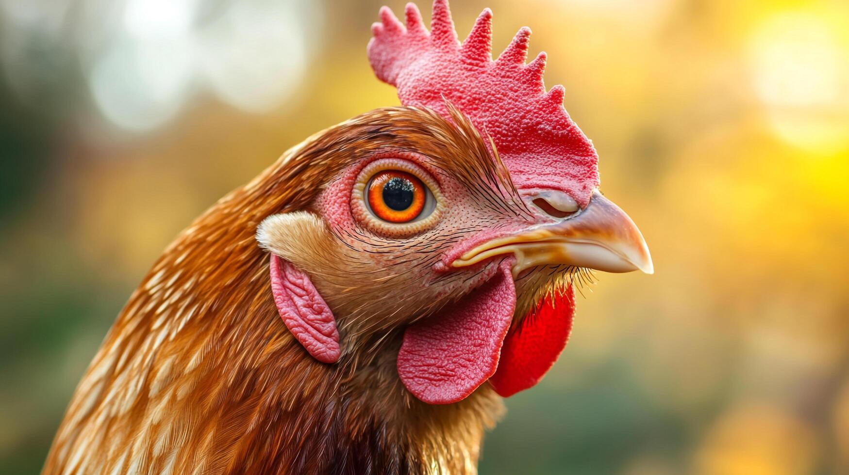 A close-up portrait of a chicken, showcasing its unique features and personality, highlighting the charm and character found in everyday farm life. photo