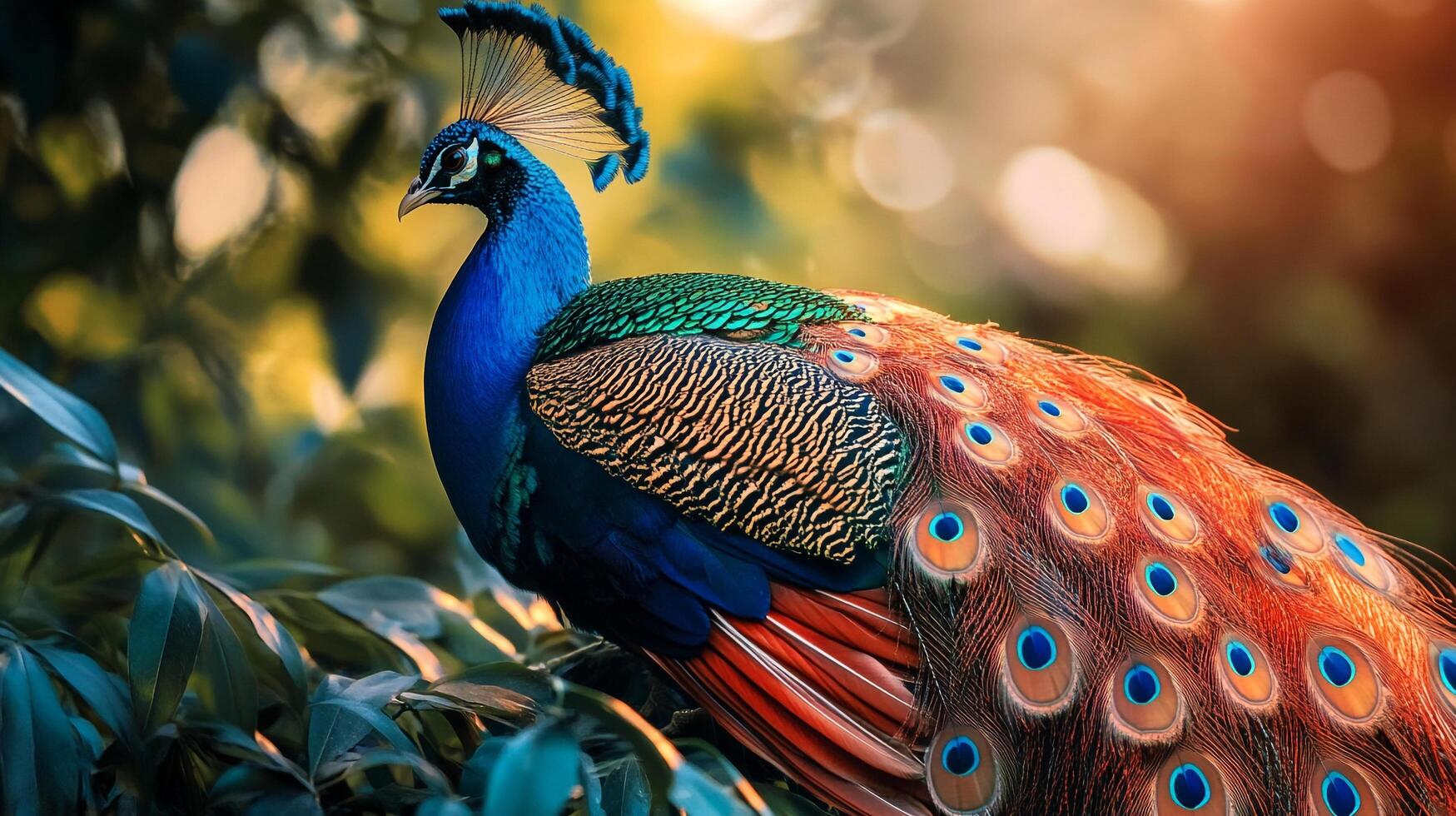 A stunning peacock with its colorful feathers on full display symbolizes beauty and grace, showcasing the intricate patterns found in nature's diversity. photo