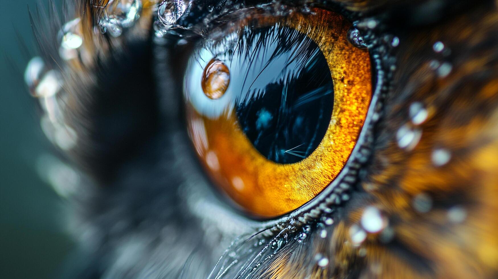 The eye of a bird is captured in stunning detail, exhibiting rich colors and features with water droplets, revealing the intricate beauty found in nature's creatures. photo