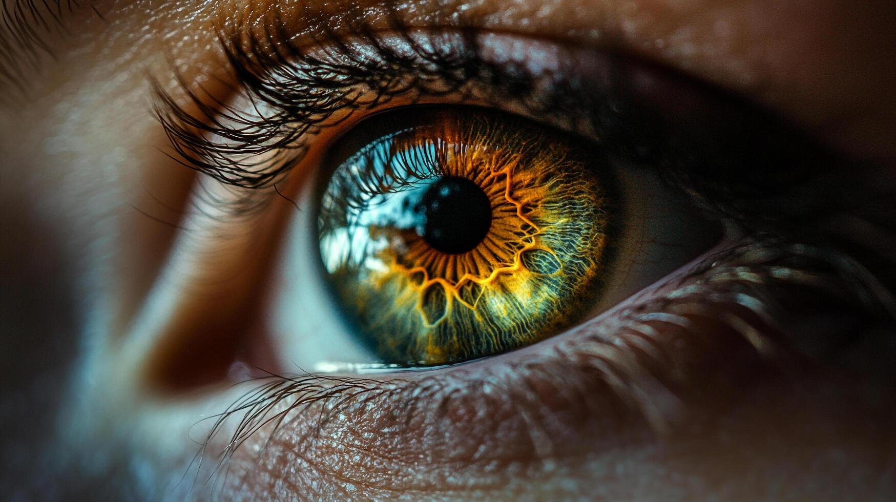 This close-up image of a human eye captures the vibrant patterns and light reflections within the iris, showcasing the complexity of human emotions and individuality. photo
