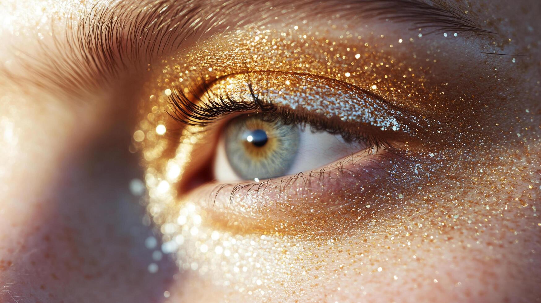 An artistic close-up of an eye adorned with sparkling golden glitter, representing beauty, creativity, and the ethereal nature of human expression and individuality. photo
