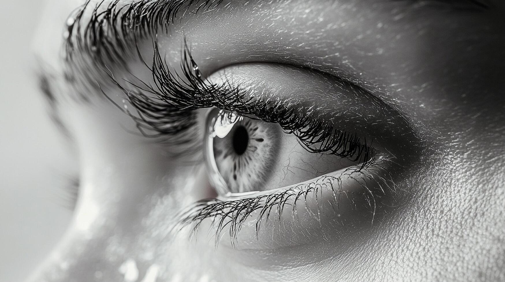 An elegant black and white close-up of a human eye, highlighting its unique textures and shapes, evoking emotions in a minimalistic and powerful manner. photo
